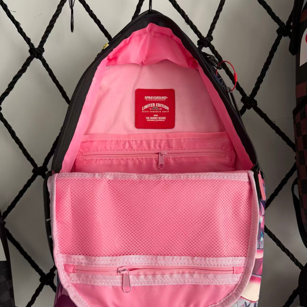 Pink Panther Themed Streetwear Backpack - Dreamy Blue Purple Background with Sparkling Diamond Pile Design