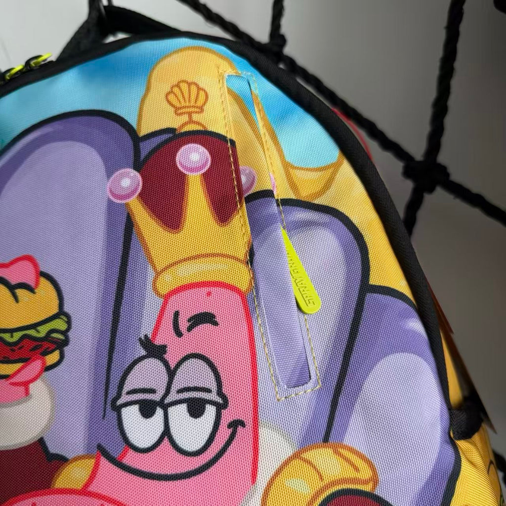Cartoon Streetwear Backpack - Playful Pink Starfish with Crown Enjoying Hamburger Graffiti Illustration