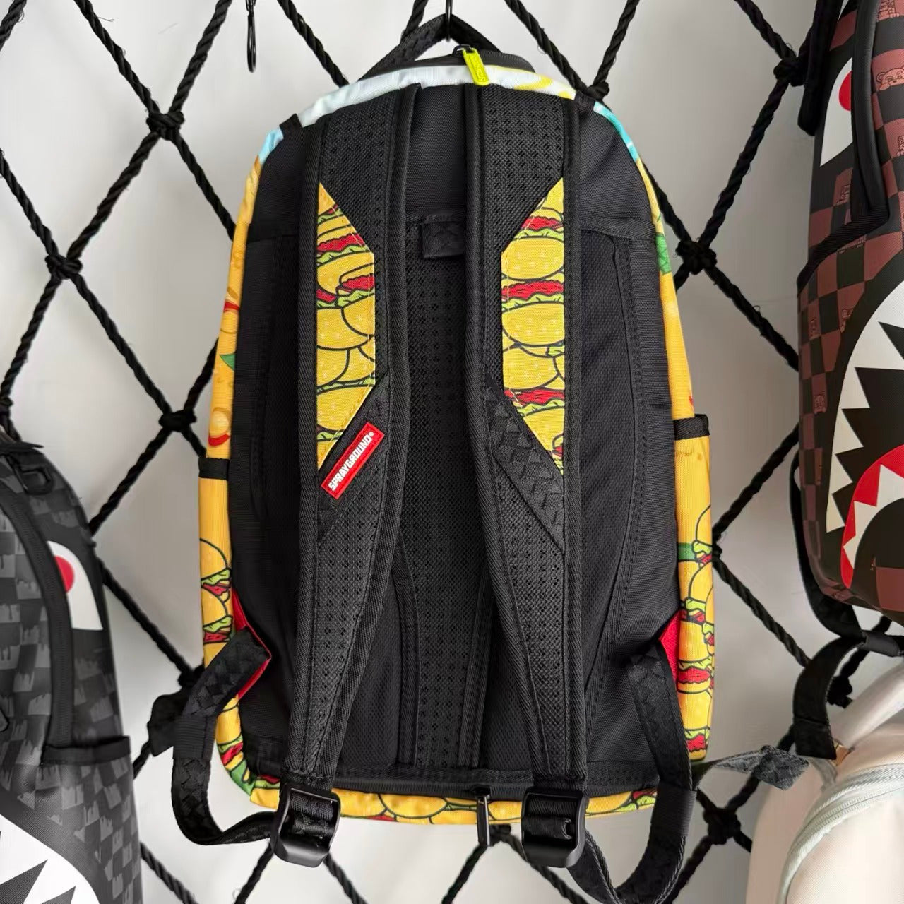 Cartoon Streetwear Backpack - Playful Pink Starfish with Crown Enjoying Hamburger Graffiti Illustration