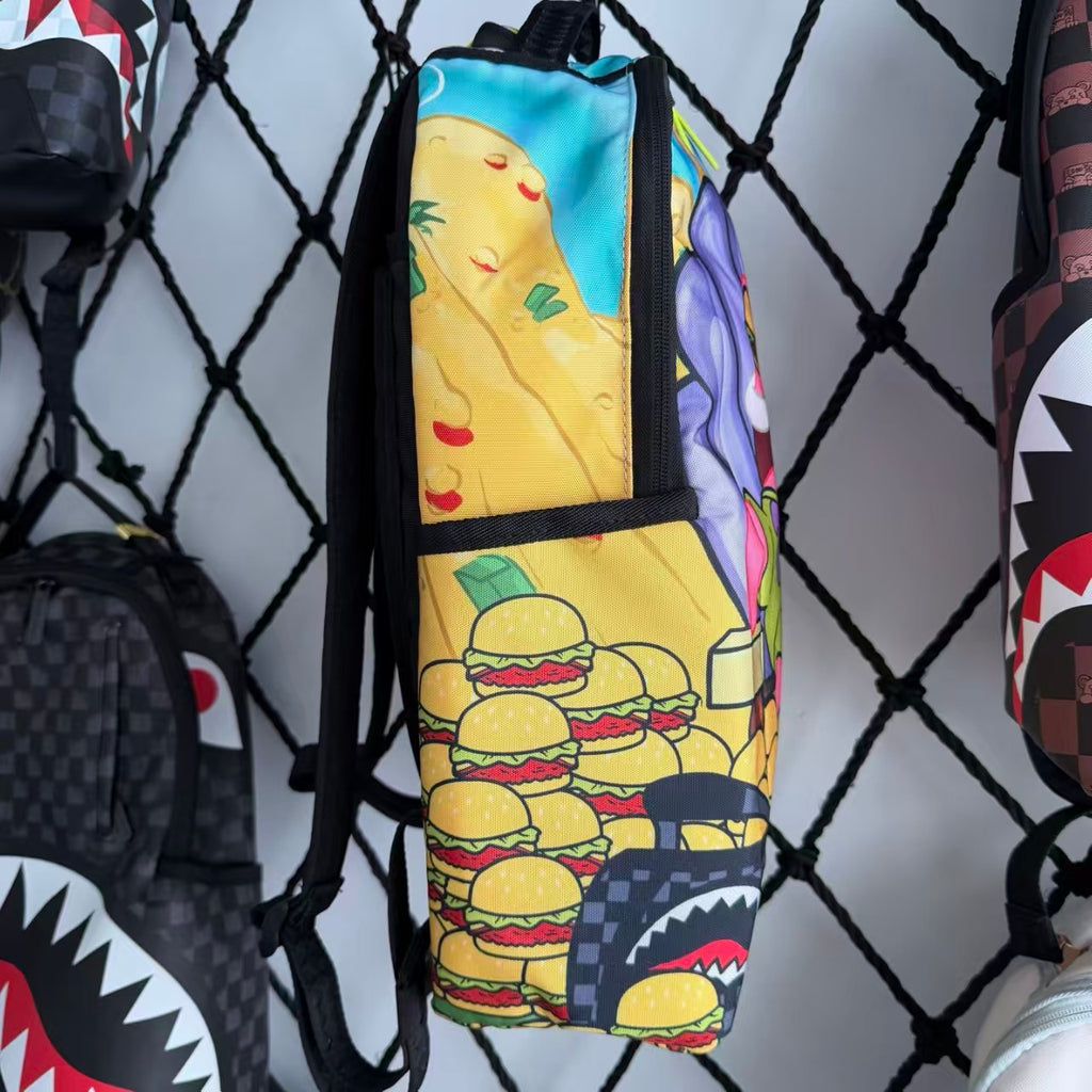 Cartoon Streetwear Backpack - Playful Pink Starfish with Crown Enjoying Hamburger Graffiti Illustration