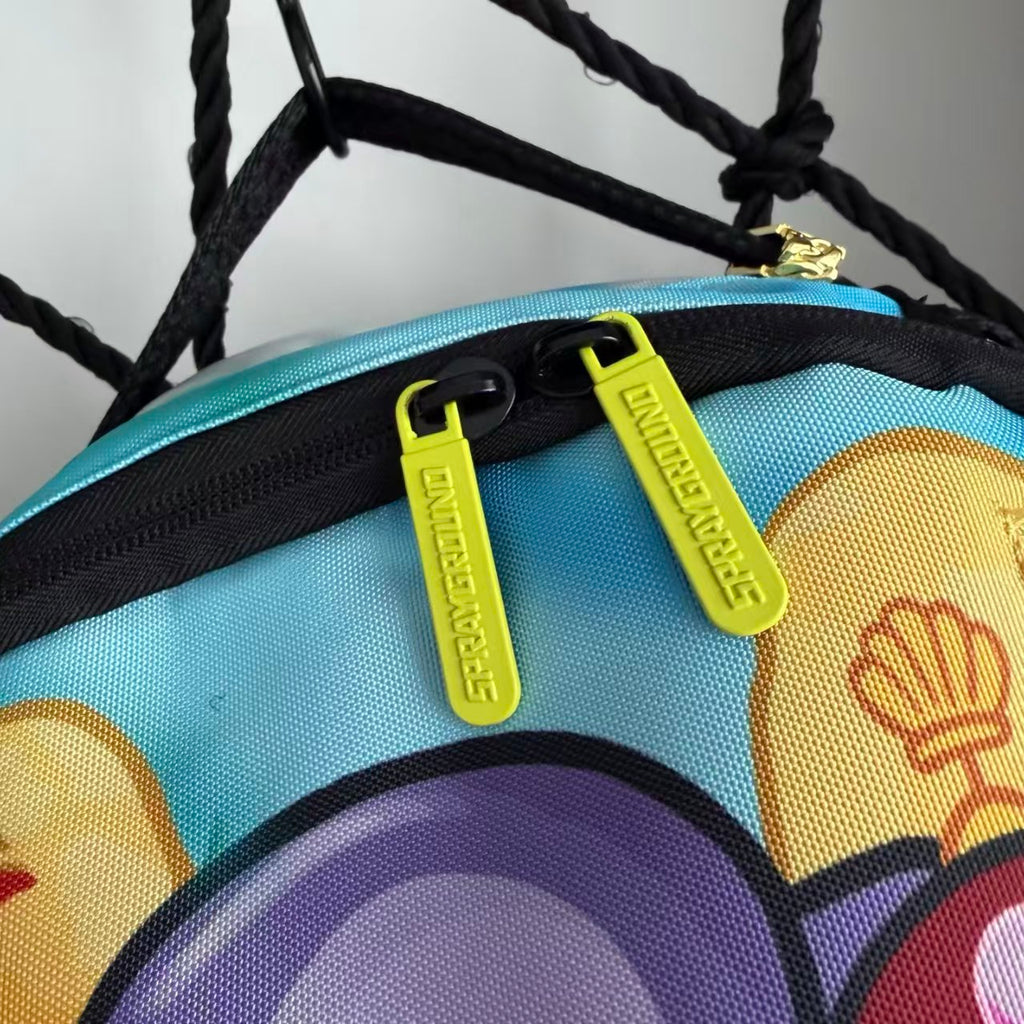 Cartoon Streetwear Backpack - Playful Pink Starfish with Crown Enjoying Hamburger Graffiti Illustration