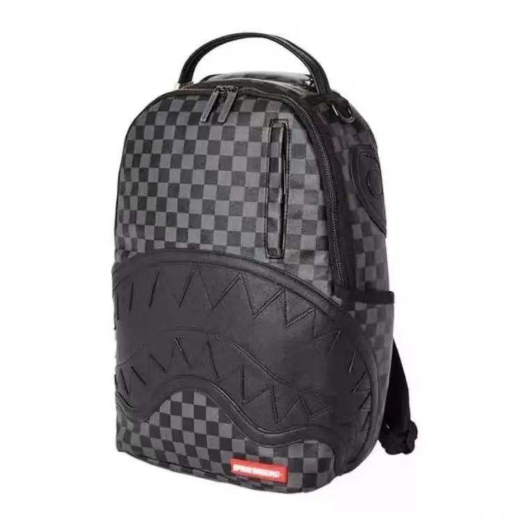 Black & Grey Checkerboard Streetwear Backpack - 3D Embossed Dark Shark Mouth Design