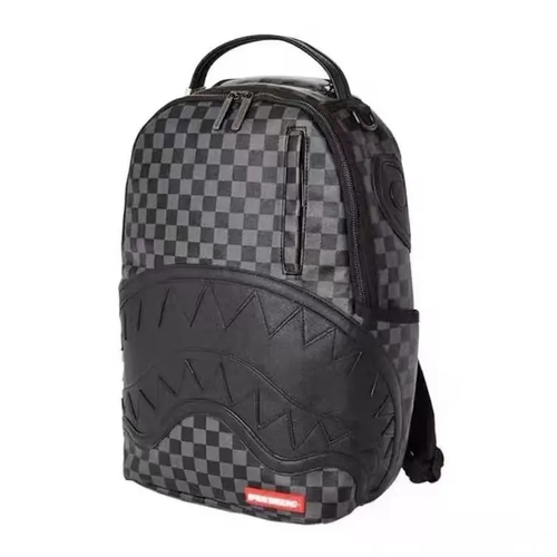 Black & Grey Checkerboard Streetwear Backpack - 3D Embossed Dark Shark Mouth Design