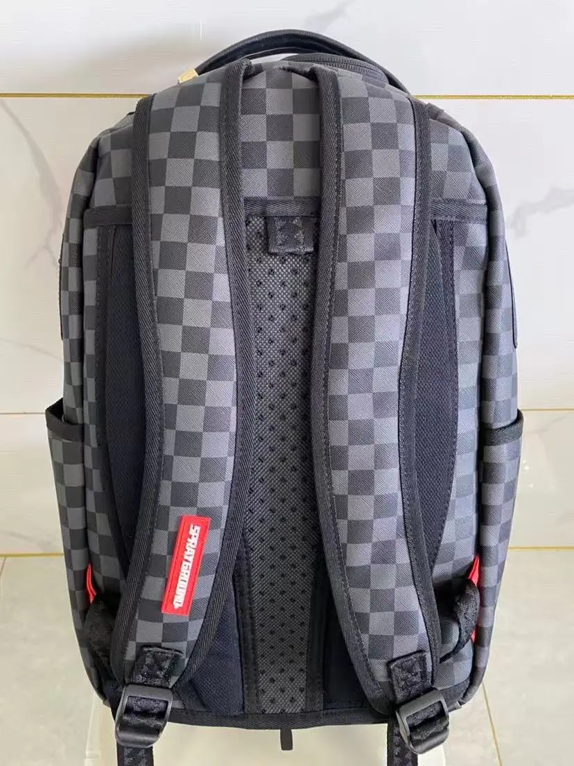 Black & Grey Checkerboard Streetwear Backpack - 3D Embossed Dark Shark Mouth Design