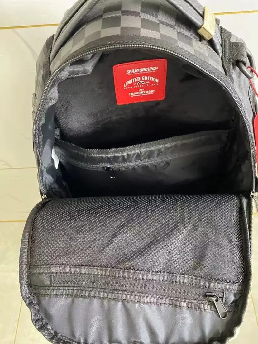 Black & Grey Checkerboard Streetwear Backpack - 3D Embossed Dark Shark Mouth Design