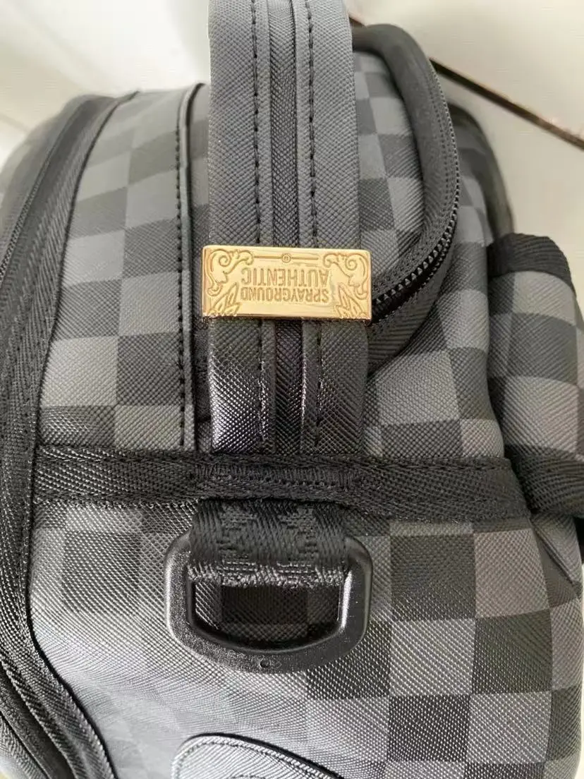 Black & Grey Checkerboard Streetwear Backpack - 3D Embossed Dark Shark Mouth Design