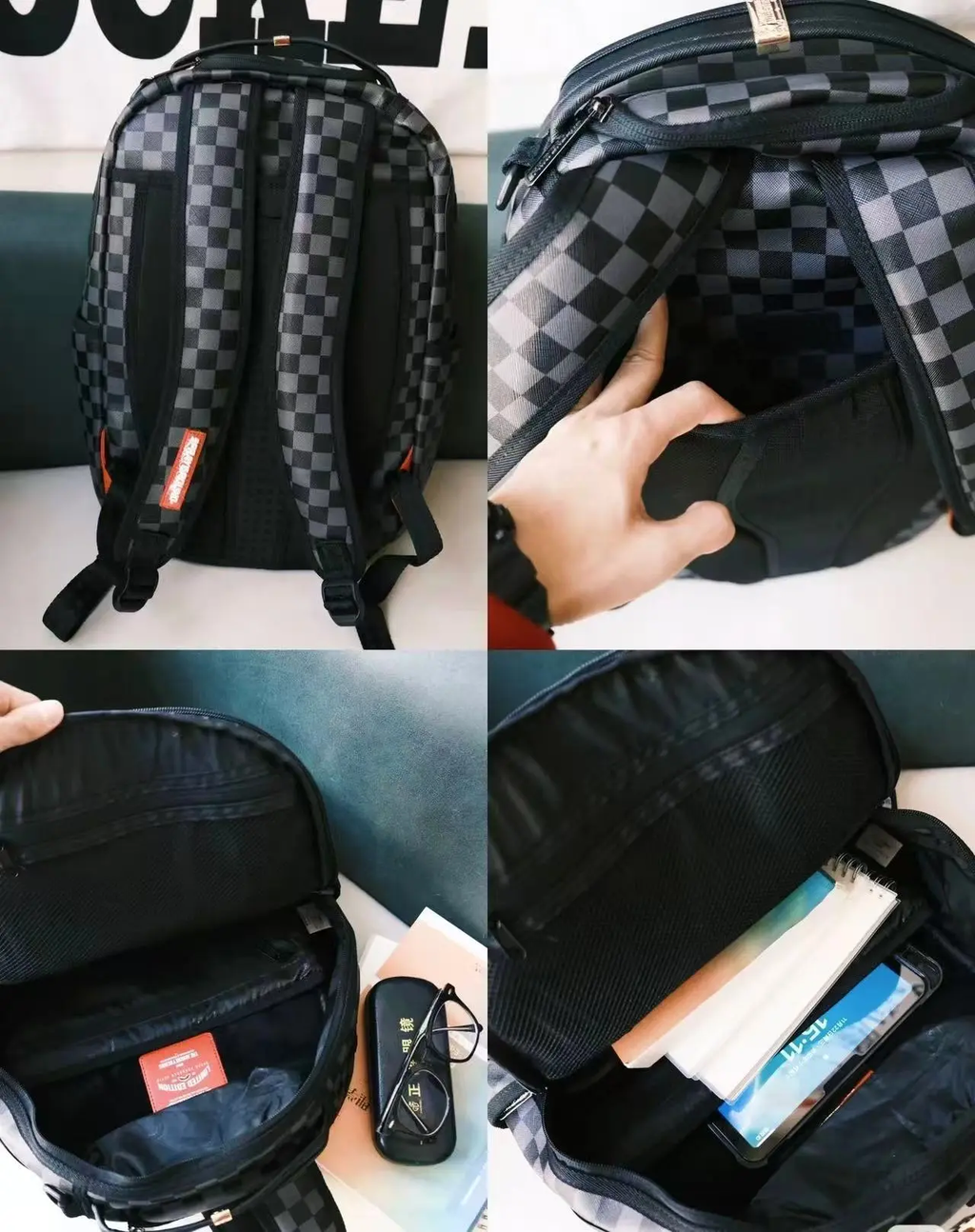Black & Grey Checkerboard Streetwear Backpack - 3D Embossed Dark Shark Mouth Design