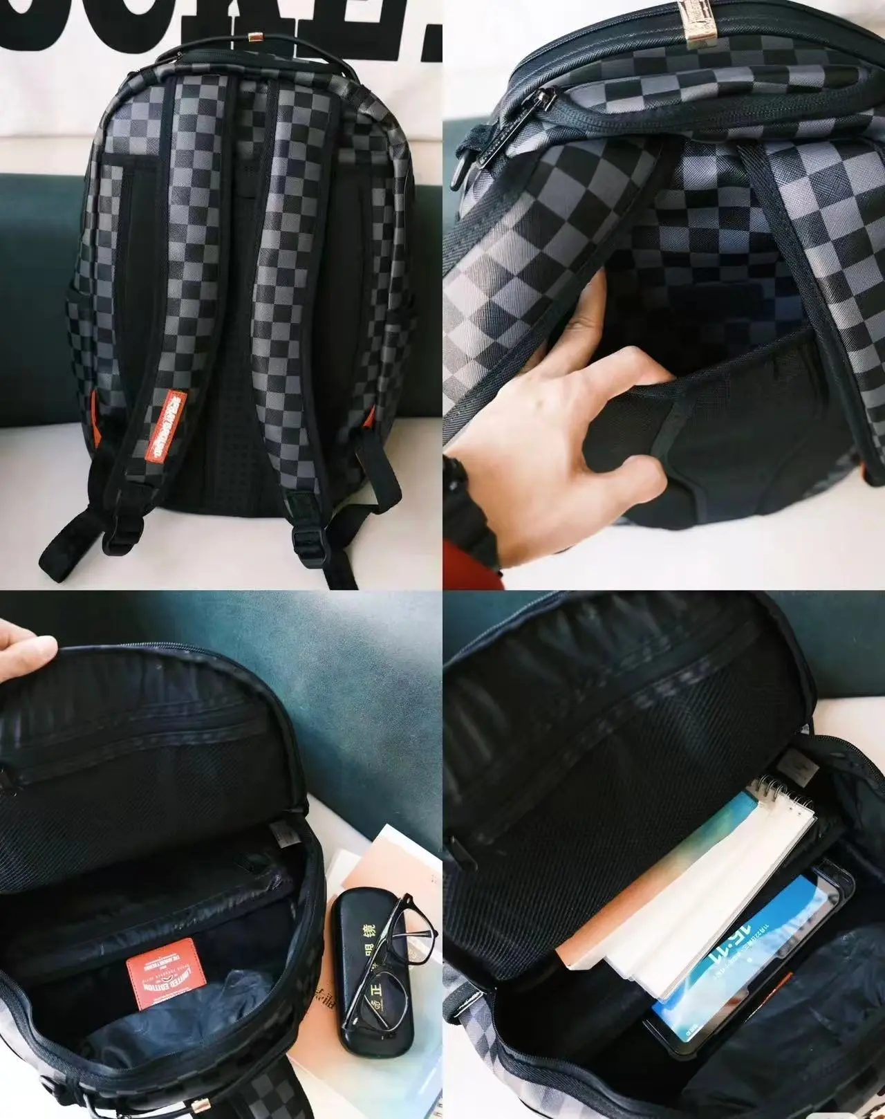 Black & Grey Checkerboard Streetwear Backpack - 3D Embossed Dark Shark Mouth Design