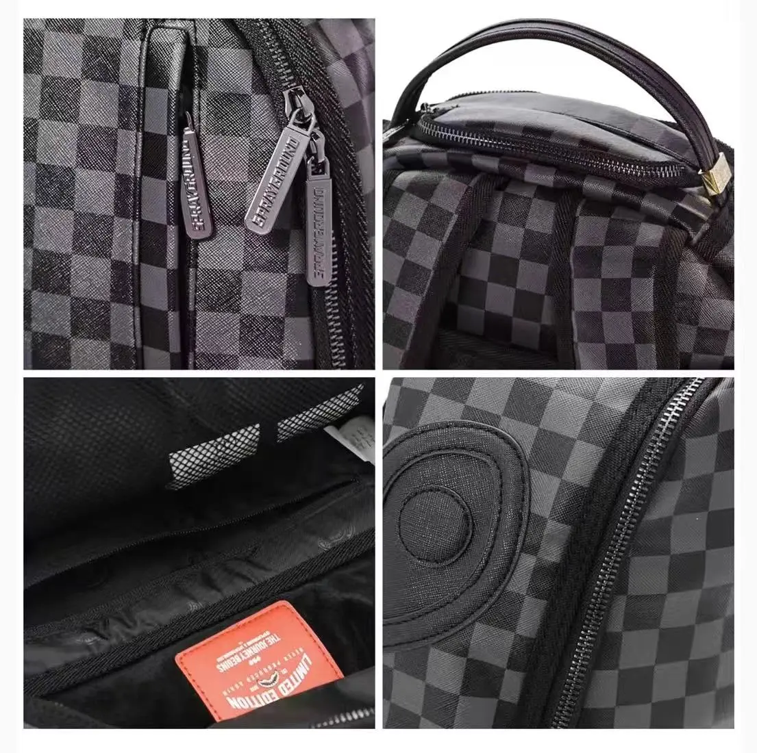 Black & Grey Checkerboard Streetwear Backpack - 3D Embossed Dark Shark Mouth Design