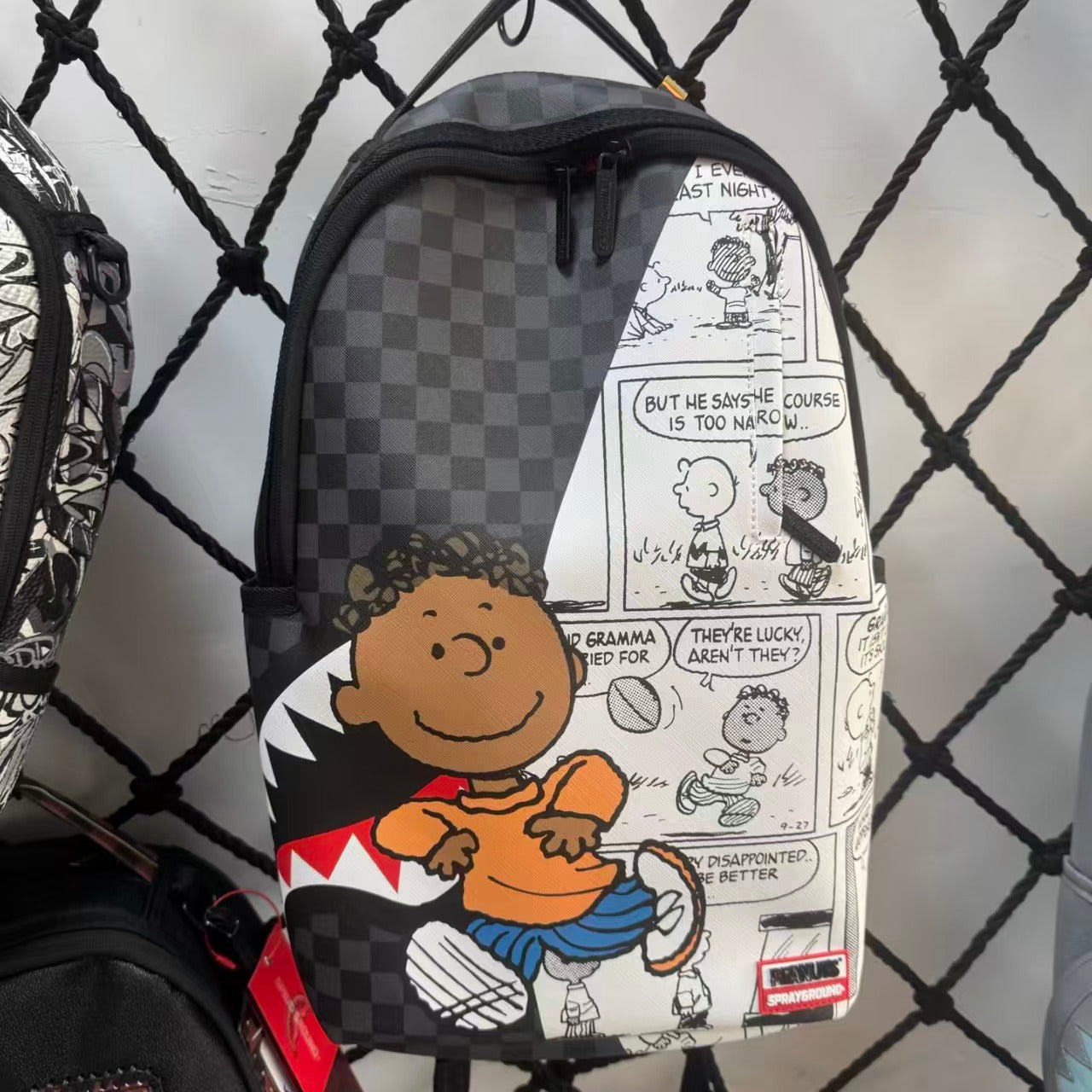 Black & Grey Checkerboard Spliced Vintage Comic Streetwear Backpack - Classic Shark Mouth & Cartoon Character Design