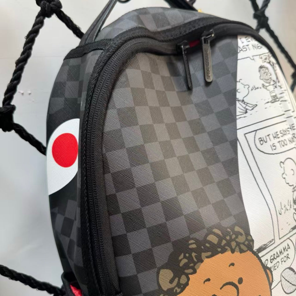 Black & Grey Checkerboard Spliced Vintage Comic Streetwear Backpack - Classic Shark Mouth & Cartoon Character Design