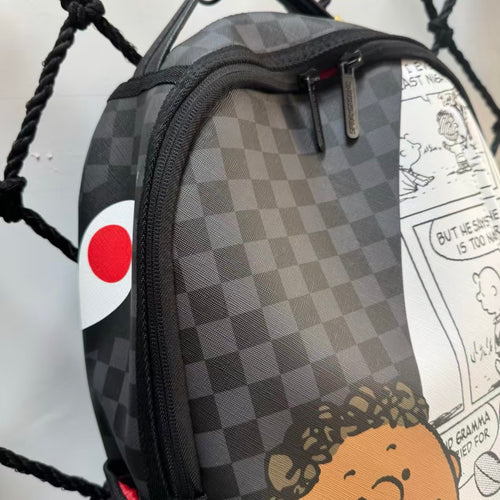 Black & Grey Checkerboard Spliced Vintage Comic Streetwear Backpack - Classic Shark Mouth & Cartoon Character Design