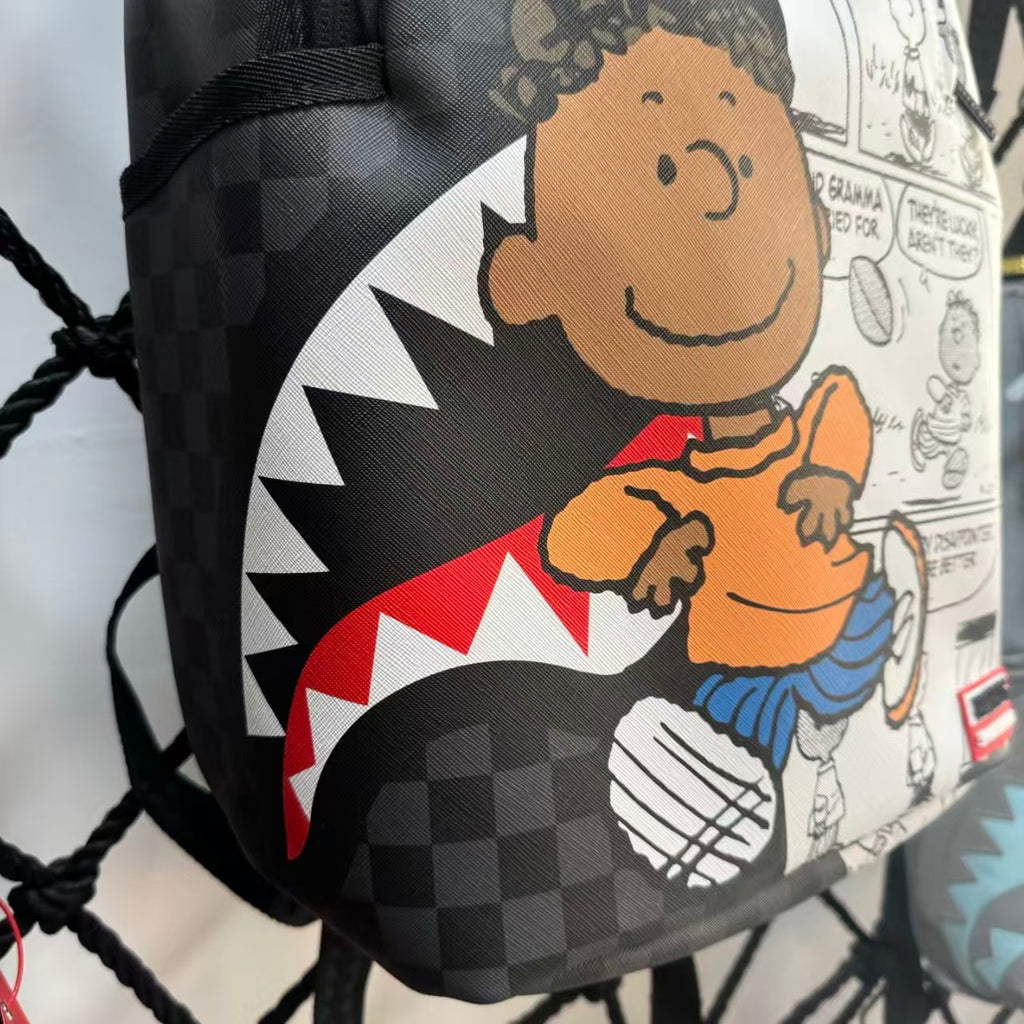 Black & Grey Checkerboard Spliced Vintage Comic Streetwear Backpack - Classic Shark Mouth & Cartoon Character Design