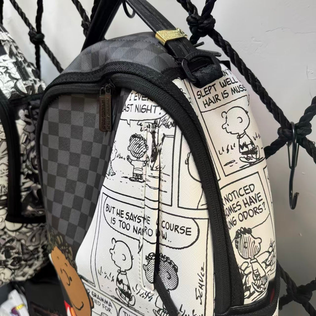 Black & Grey Checkerboard Spliced Vintage Comic Streetwear Backpack - Classic Shark Mouth & Cartoon Character Design