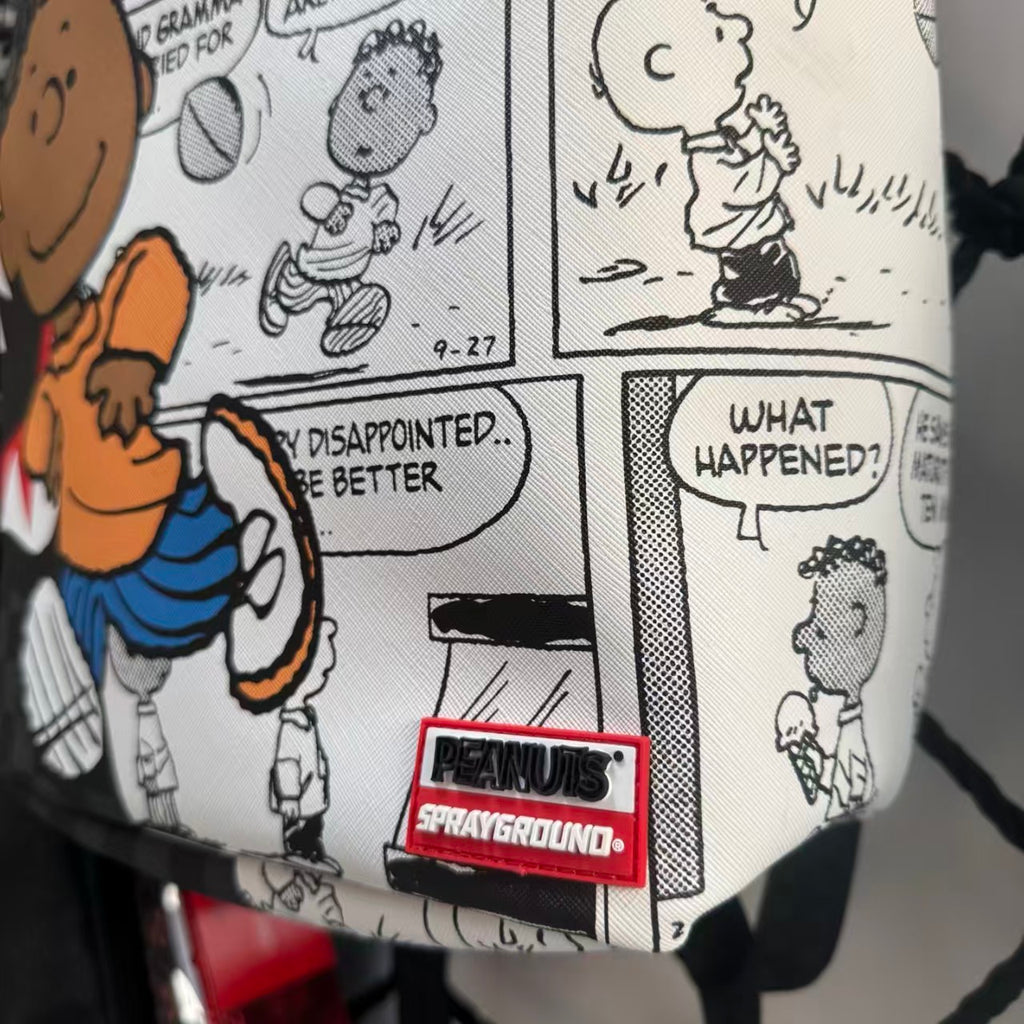 Black & Grey Checkerboard Spliced Vintage Comic Streetwear Backpack - Classic Shark Mouth & Cartoon Character Design