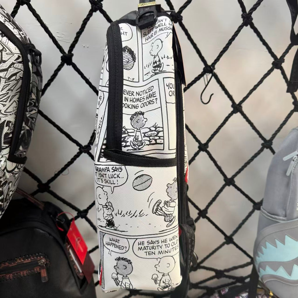 Black & Grey Checkerboard Spliced Vintage Comic Streetwear Backpack - Classic Shark Mouth & Cartoon Character Design