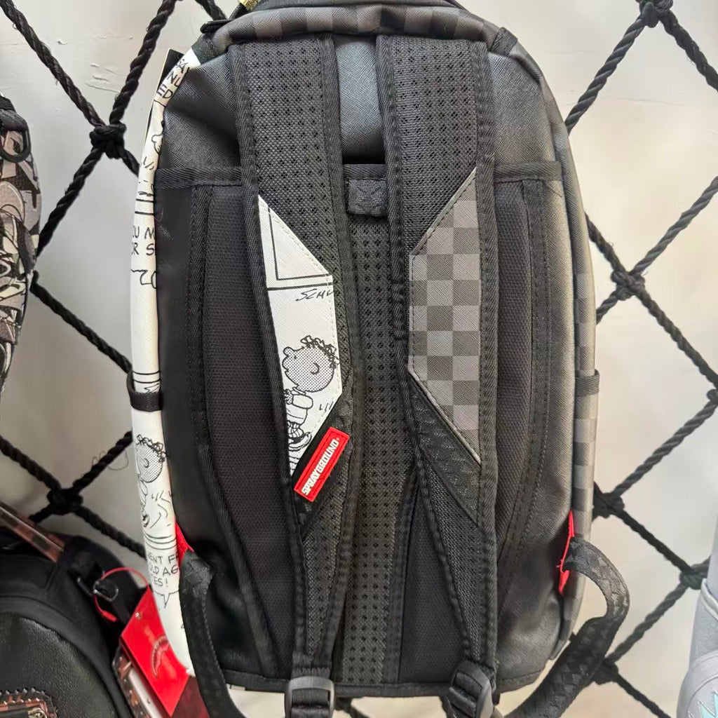 Black & Grey Checkerboard Spliced Vintage Comic Streetwear Backpack - Classic Shark Mouth & Cartoon Character Design
