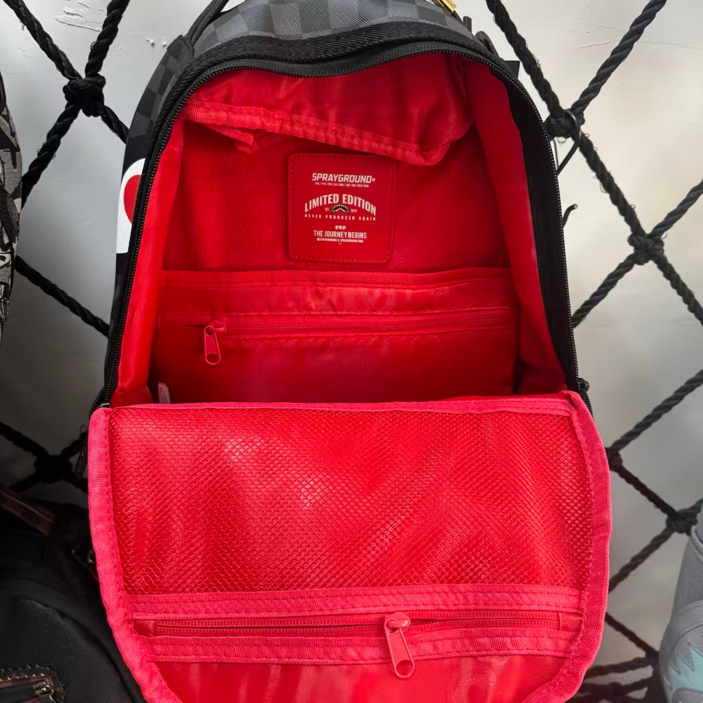 Black & Grey Checkerboard Spliced Vintage Comic Streetwear Backpack - Classic Shark Mouth & Cartoon Character Design